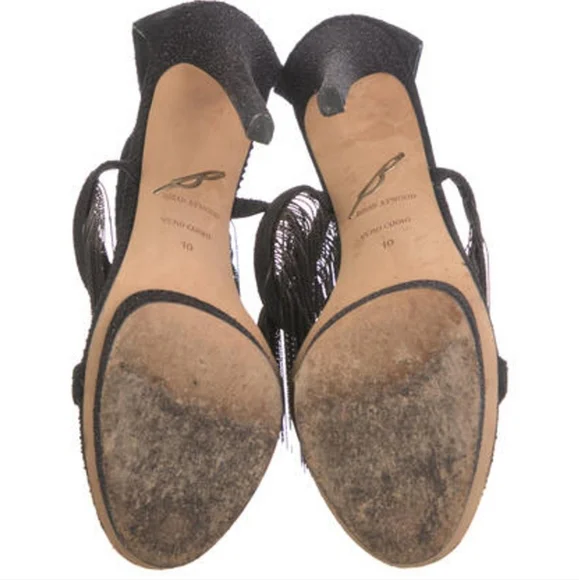 Brian Atwood Black Fringe Stilletto Heels Sandals Size 10 - Picture 5 of 5